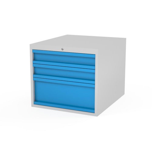 Svařovaný kontejner k dílenským stolům AXTOR - závěsný zásuvkový kontejner se zamykáním (šedý kontejner, modrá dvířka)
