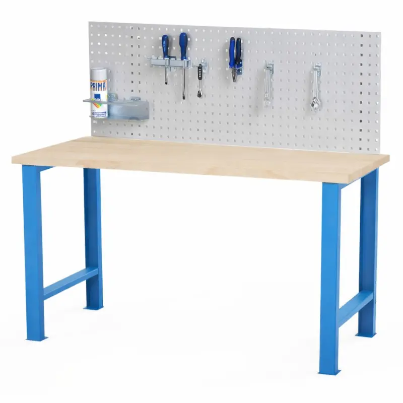 Dílenský stůl (ponk) AXTOR E101 s perfopanelem na nářadí (modrý)