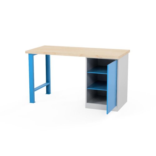 Dielenský stôl AXTOR E103 - s otvoreným policovým kontajnerom, modré podnožie, šedá skrinka (variant 1500 mm)