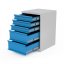 Zváraný kontajner k dielenským stolom AXTOR - veľký kontajner s 5 zásuvkami a zamykaním (sivý kontajner, modré zásuvky; otvorený)