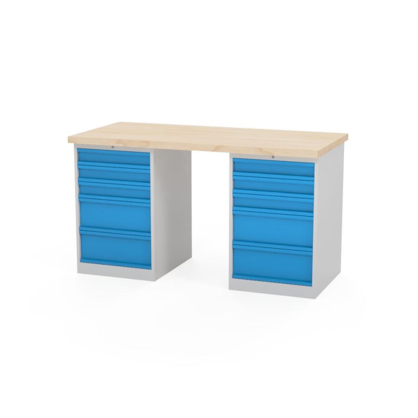 Dielenský stôl AXTOR E107 - s dvoma zásuvkovými kontajnermi, šedý kontajner, modré zásuvky (variant 1500 mm)