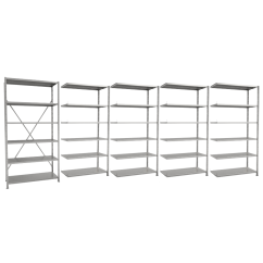 AKČNÍ SADA Regálová sestava - 5x policový regál VARIMO (1x základní + 4x přístavné) - výška 2000, délka 5066 mm, hloubka 500 mm, 5x5 polic