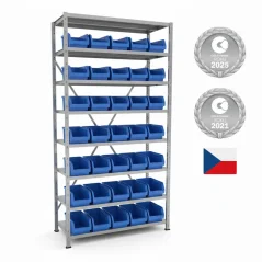 Kovový policový regál VARIMO s plastovými boxmi (Český výrobok roku)