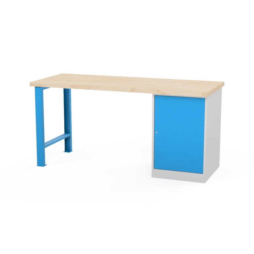 Dielenský stôl AXTOR E103 - s policovým kontajnerom, modré podnožie, šedá skrinka (variant 1750 mm)