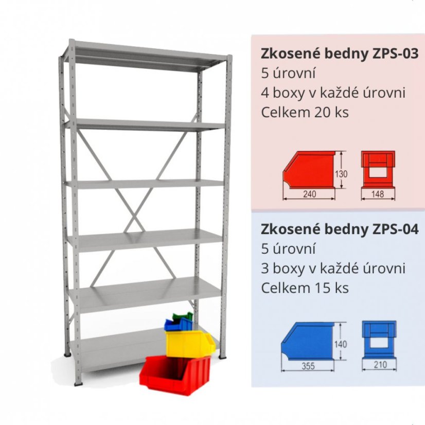 Kovový regál s plastovými boxy ZPS-04 + ZPS-03 | 11 polic | 35 ks boxů