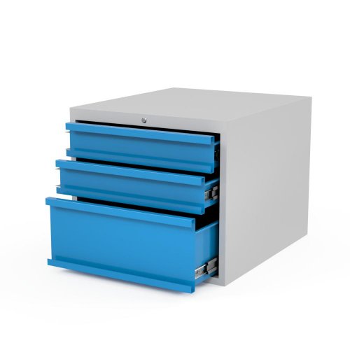 Svařovaný kontejner k dílenským stolům AXTOR - závěsný zásuvkový kontejner se zamykáním (šedý kontejner, modrá dvířka; otevřený)