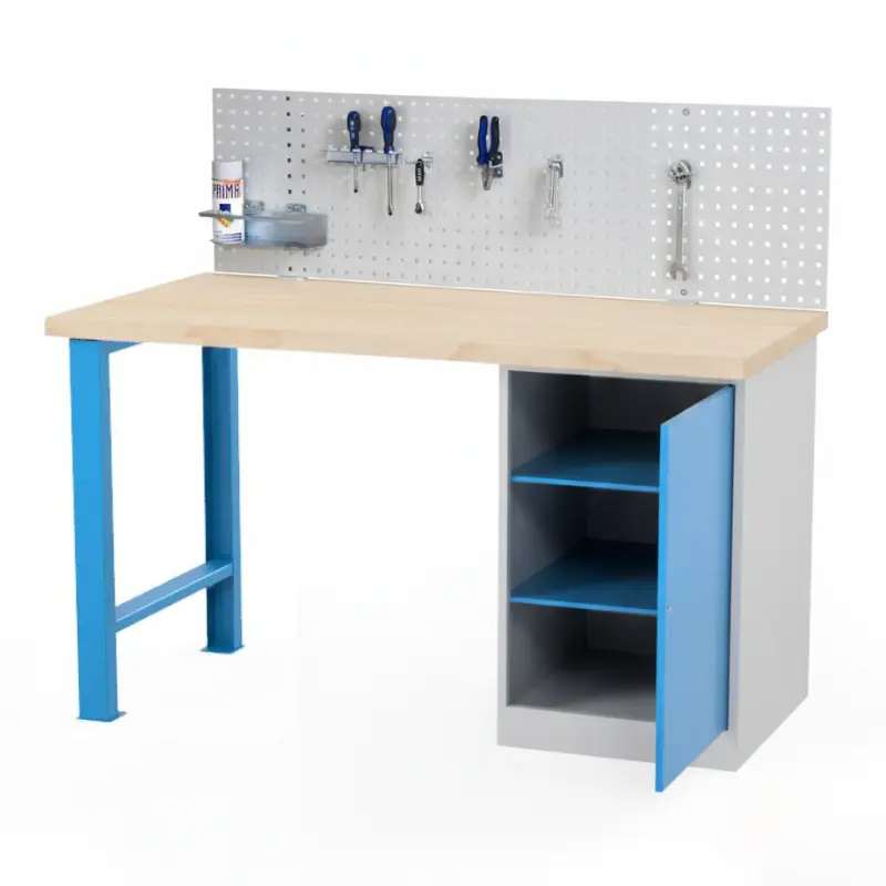 Dílenský stůl (ponk) AXTOR E103 s perfopanelem na nářadí (modrý)