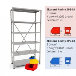 Kovový regál s plastovými boxy ZPS-04 + ZPS-03 | 11 polic | 35 ks boxů