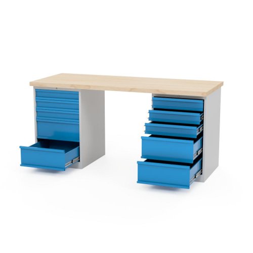Dielenský stôl AXTOR E107 - s dvoma zásuvkovými kontajnermi (ukážka otvorených zásuviek), šedý kontajner, modré zásuvky (variant 1750 mm)