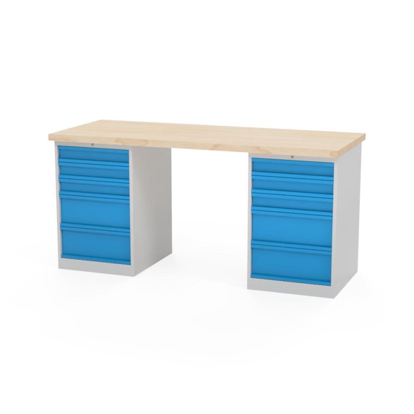 Dílenský stůl AXTOR E107 - se dvěma zásuvkovými kontejnery, šedý kontejner, modré zásuvky (varianta 1750 mm)