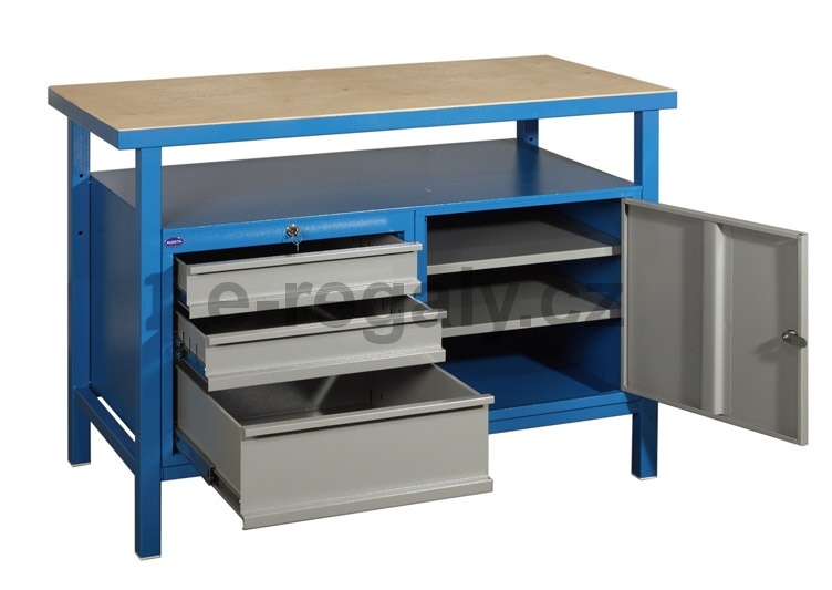 Dílenský stůl svařovaný - GS171 | 850x1200x600 mm | 3 zásuvky, 2 police