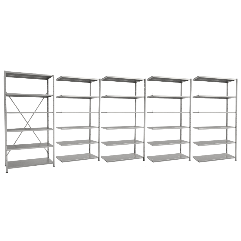 AKČNÍ SADA Regálová sestava - 5x policový regál VARIMO (1x základní + 4x přístavné) - výška 2000, délka 5066 mm, hloubka 500 mm, 5x5 polic