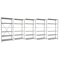 AKČNÍ SADA Regálová sestava - 5x policový regál VARIMO (1x základní + 4x přístavné) - výška 2000, délka 5066 mm, hloubka 500 mm, 5x5 polic