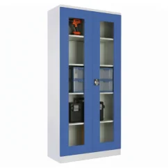 Kovová svařovaná skříň s prosklenými dveřmi vhodná do dílny i kanceláře (modrá) Kovová svařovaná skříň s prosklenými dveřmi vhodná do dílny i kanceláře (modrá)